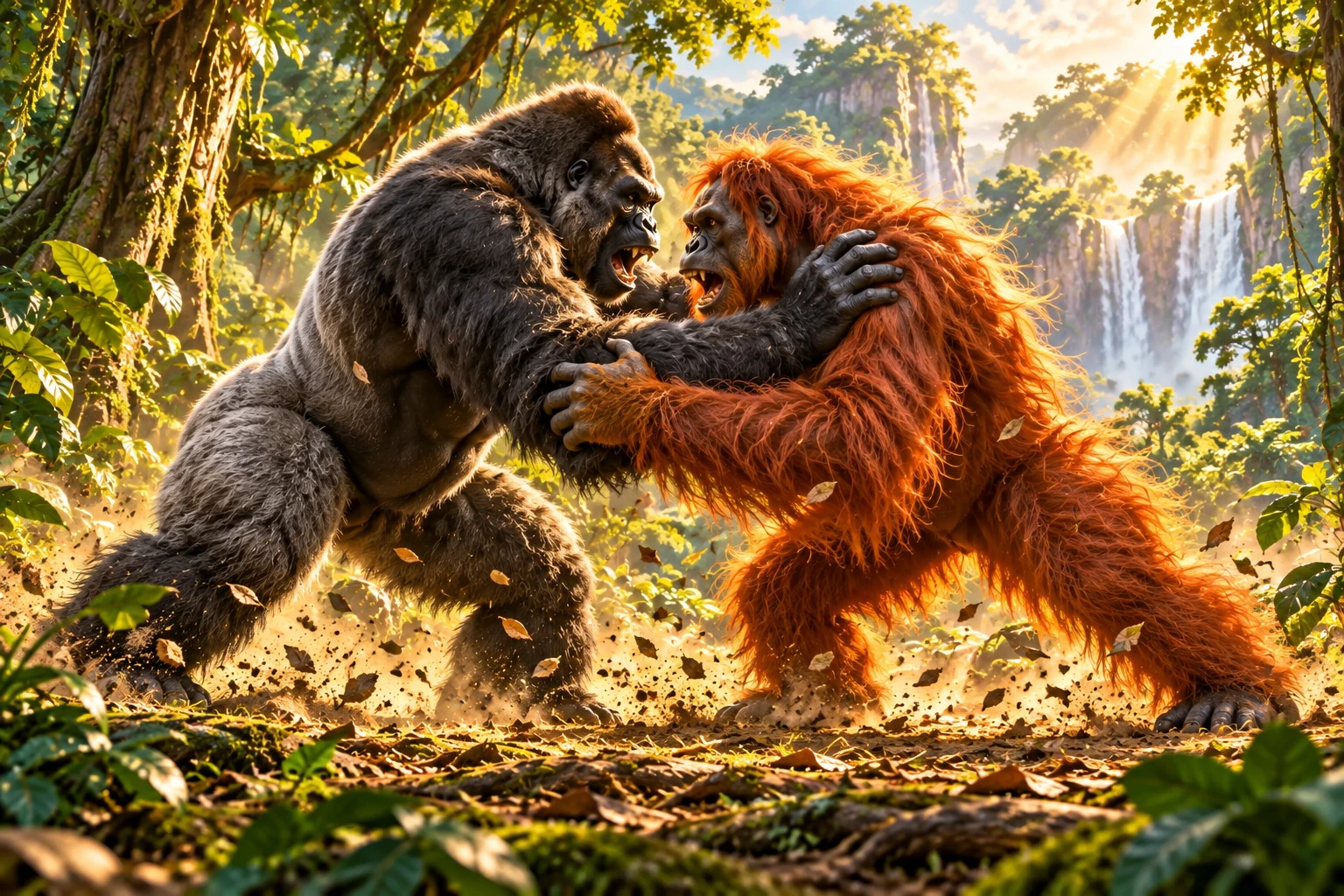 Sam the gorilla and Tim the orangutan in the jungle